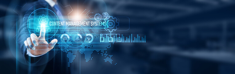 Businessman touching content management systems (CMS), network connection, data storage and...