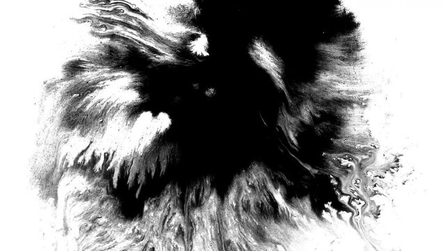Black ink artistic flow splatter spots spills white paper beautiful reveal dripping streaks spread fluid ink alpha matte isolated watercolor ink drops transition	
