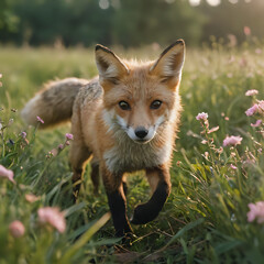 Obraz premium a fox that is walking through the grass