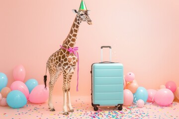 happy giraffe wearing party hat standing next to suitcase, confetti and balloons around, pastel colors background