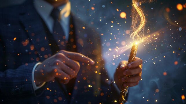 Close-up of a man in a suit holding a magic wand casting a spell with glowing sparks, representing magic and fantasy in a mystical setting.