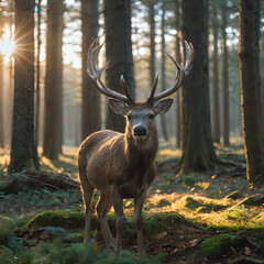 a deer that is standing in the woods with the sun shining