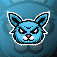 cute blue rabbit head with angry expression on blue background