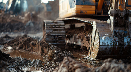 Excavator working at construction site with dirt and debris. visible wear marks, industrial work environment, excavator action, construction project, earthy tones, industrial scene, excavator action