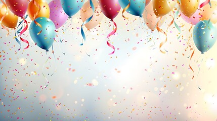 Festive background with colorful confetti, balloons, and streamers