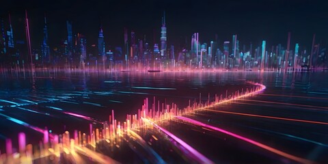 Abstract background with orange pink blue glowing neon lines and bokeh lights. Data transfer concept. Digital wallpaper.