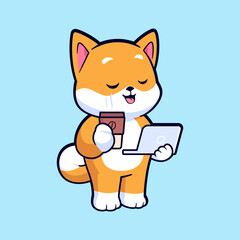 Cute shiba inu dog with coffee cartoon vector icon illustration. Flat style animal cartoon logo mascot