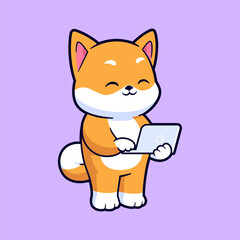 Cute shiba inu dog working on laptop cartoon vector icon illustration. Flat style animal cartoon logo mascot