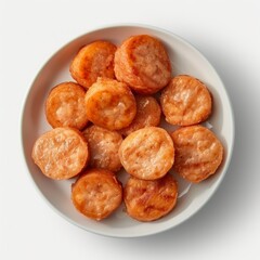 A German currywurst, seen from above in splendid isolation against a white backdrop, captures the essence of the dish