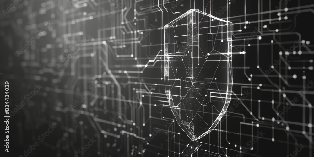 Poster wireframe of cybersecurity shield data protection and privacy. concept cybersecurity, data protectio