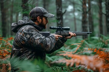 a hunter in action, shooting a hunting gun in a dense woodland setting, camouflage gear, is captured mid-shot with a focused expression
