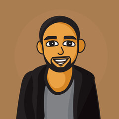 A smilling man in black coat and brown background