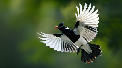 Black and white bird flying in air, suitable for nature magazines, bird watching blog posts, wildlife presentations, ornithology websites.