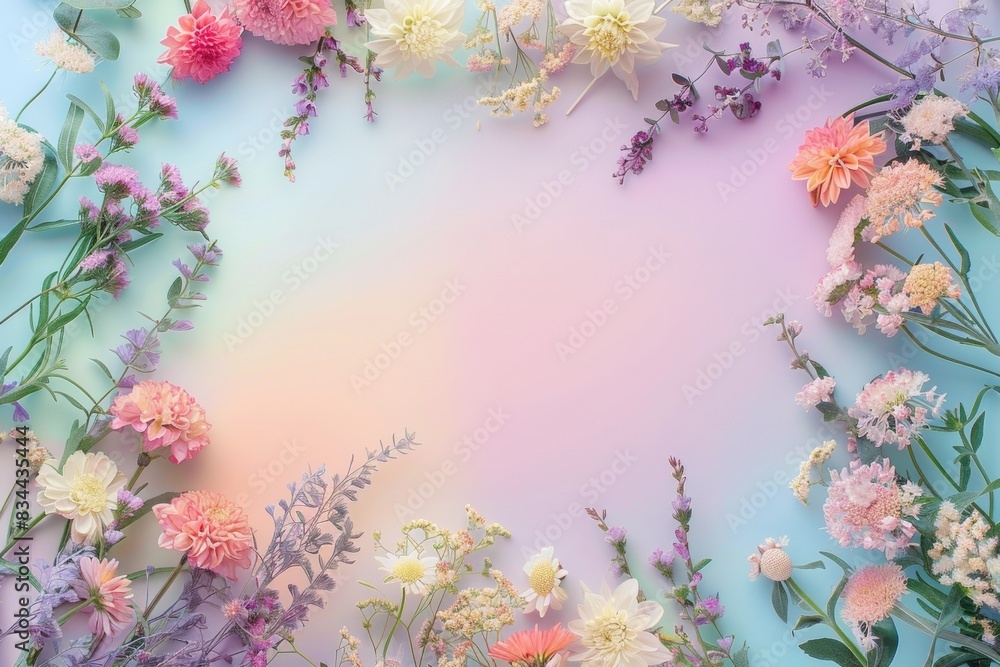 Wall mural frame with a pastel gradient background and various flowers around it, including chrysanthemums