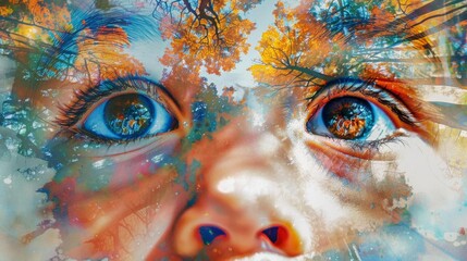 Surreal double exposure of a child's face with forest elements, highlighting nature and imagination.