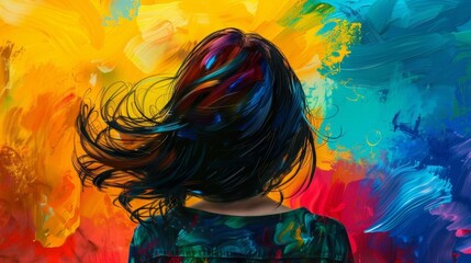 Vibrant abstract painting of a woman with colorful background, featuring rich hues and dynamic brushstrokes.