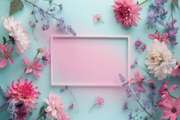 frame with a pastel gradient background and various flowers around it, including chrysanthemums
