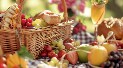 a close-up of a picnic basket filled with fruits, sandwiches, and drinks, highlighting the variety of picnic foods, picnic basket, hd, with copy space, inscription Picnic Day