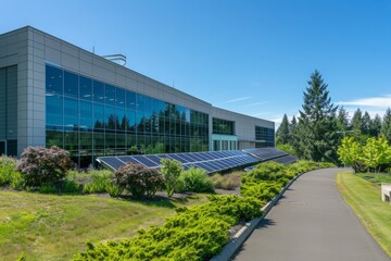 Professional Photography of solar panels installed on the office building, harnessing renewable energy to power operati, Generative AI