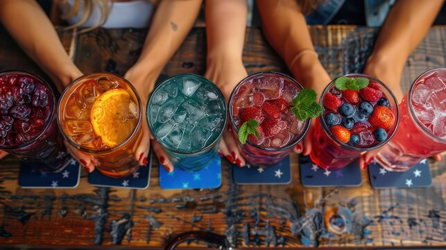 Friends enjoying cold drinks with American flag coasters.
