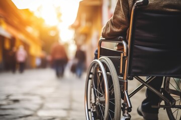 Obraz premium Close up from the back of an old person in wheelchair with blurred background. Generative AI