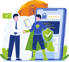 Cyber Crime Insurance Illustration. A Man Makes a Deal with an Insurance Agent to Safeguard Digital Data and Information Against Cybercrime Risks