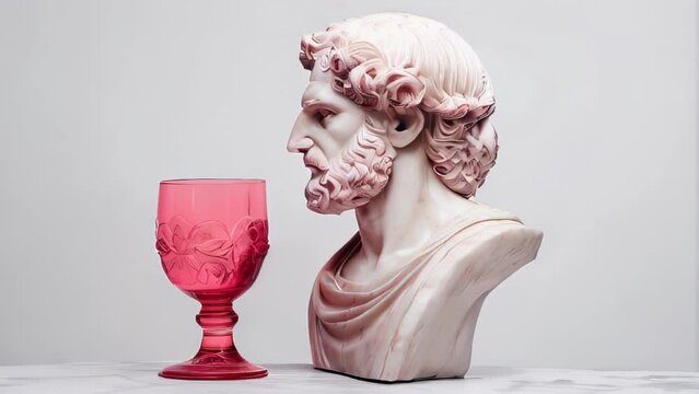 A classic white sculpture of a mans bust is placed next to a pink goblet on a white background
