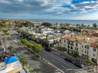 Aerial view of Carlsbad California downtown, Carlsbad boulevard with cloudy blue sky © tamas
