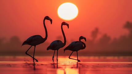 Greater Flamingos silhouette during morning sunrise. Generative Ai