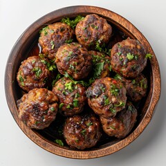 Top view of Middle Eastern kofta, set against a white backdrop