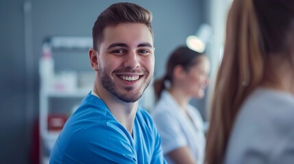 Fototapeta premium Cheerful Male Physical Therapy Assistant Providing Medical Consultation and Treatment in Clinic