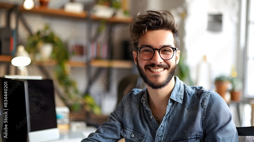 Poster cheerful young editor or proofreader smiling while working at office desk