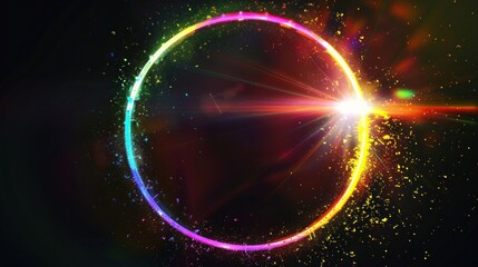 Beautiful Circle of Rainbow Light Emitting Colorful Flares on Black Background Concept 35mm Film Aesthetic.