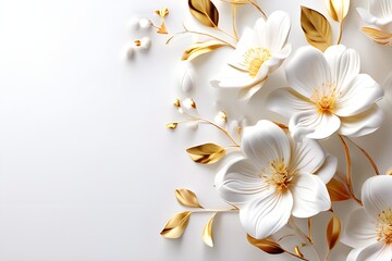 White flowers with golden leaves on white background. White and golden luxury 3d floral background