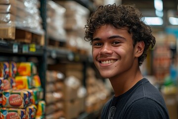 portrait of a smiling young warehouse worker working in a cash and carry wholesale store, Generative AI 