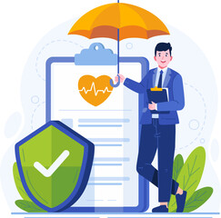 Insurance Concept Illustration. A Male Insurance Agent Standing With Crossed Legs Holding an Umbrella Near a Huge Insurance Policy Paper Document