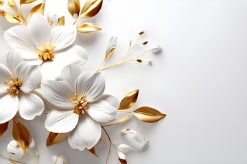 White flowers with golden leaves on white background. White and golden luxury 3d floral background