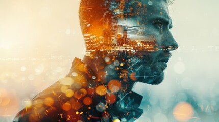 A double exposure image of a man's profile with a cityscape overlay, symbolizing the connection between humanity and technology.