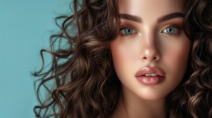 Fototapeta premium Beautiful hair long curly hairstyle woman with beauty makeup female model portrait. copy space for text.