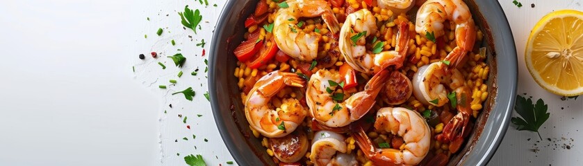 Top view of paella from Spain, isolated on white background