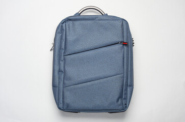 Fabric backpack on white background. Top view