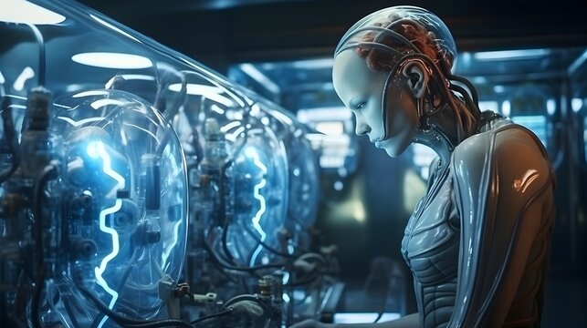 Cybernetic Extraterrestrial Experiment in Futuristic Science Lab with Cyborg Wired to Vacuum Tubes