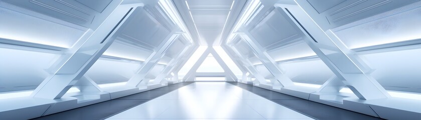 Obraz premium Empty Bright and Modern Futuristic Sci-Fi Triangle Tunnel Corridor with Geometric Shapes