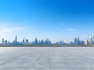 Fototapeta premium Expansive Urban Skyline Against Bright Blue Sky with Empty Concrete Plaza