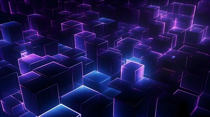 Futuristic Data Degradation:Glowing 3D Cubes in Electric Purple and Blue Hues Against a Dark Background