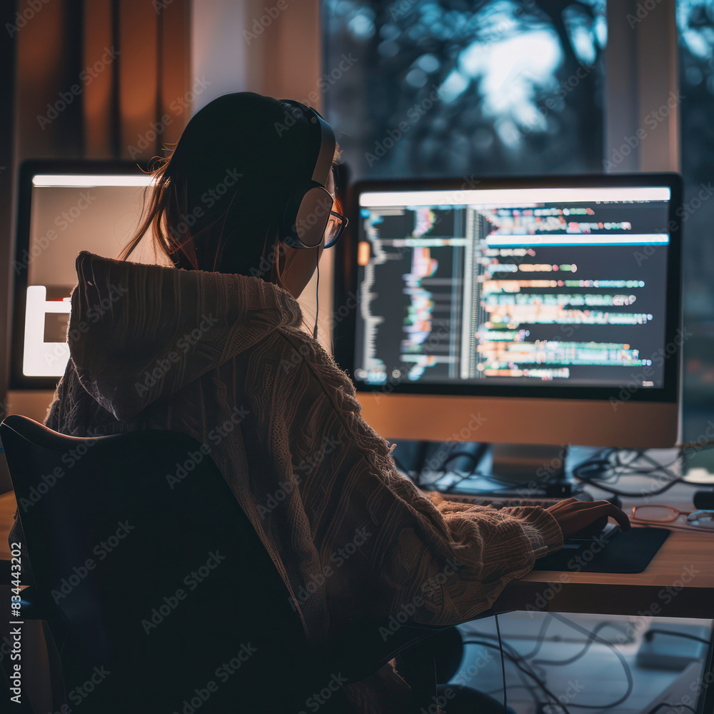 Poster a female programmer working on the data bleached on the server of stock market