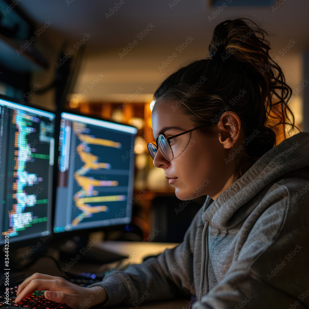 Poster a female programmer working on the data bleached on the server of stock market