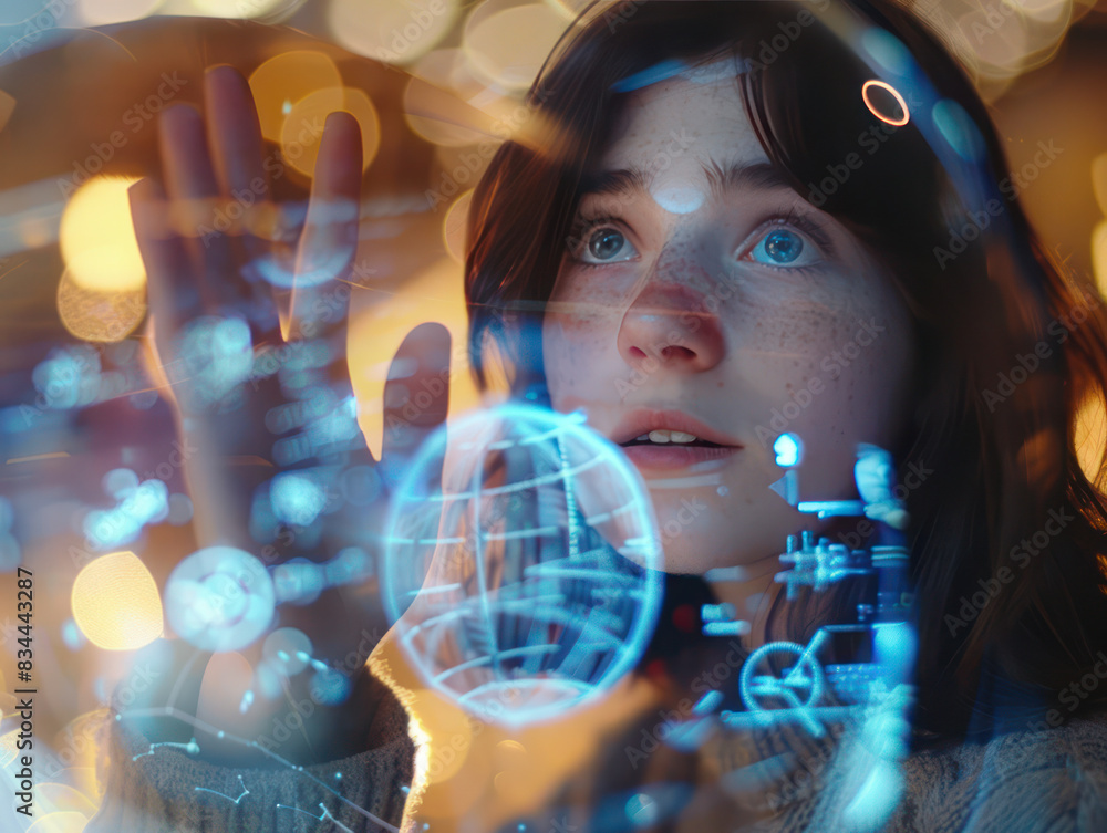 Poster a woman is touching the hologram of the connection internet of the visual globe presentation