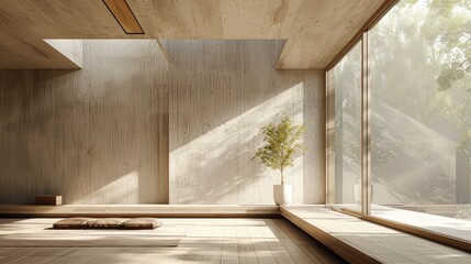 Minimalist Modern Interior with Large Window and Sunlit Room Featuring Wooden Elements and Potted Plant