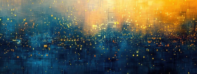 Abstract Digital Art with Yellow and Blue Geometric Patterns and Glowing Lights